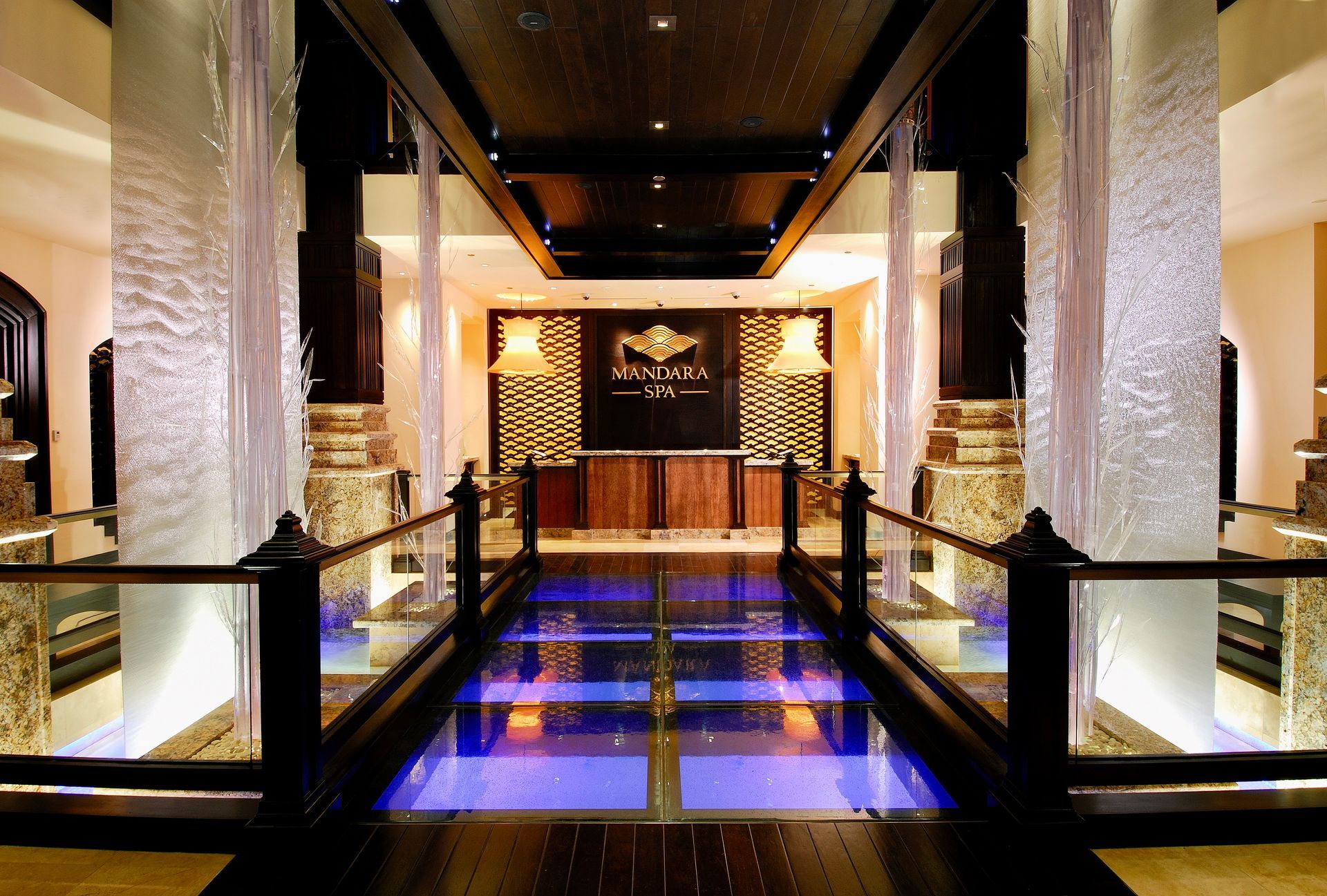 A luxury spa lobby entrance with a glass-floored bridge, illuminated water features, and a dark, modern reception desk.