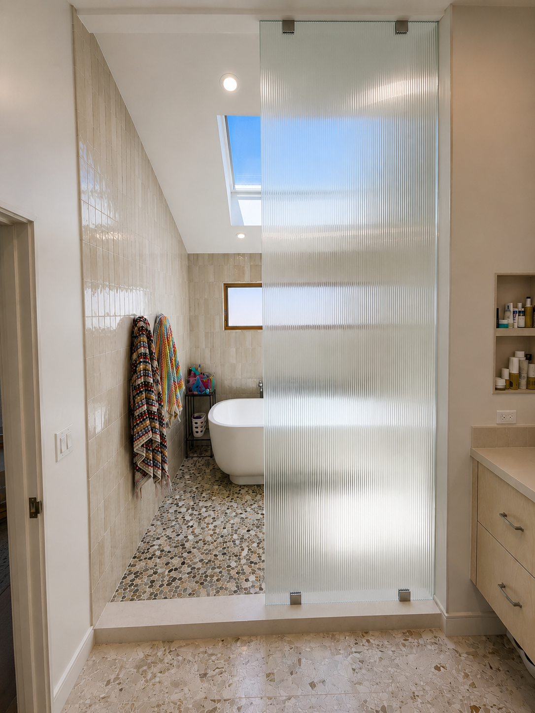 Modern bathroom with a glass shower, freestanding tub, pebble floor, and window light