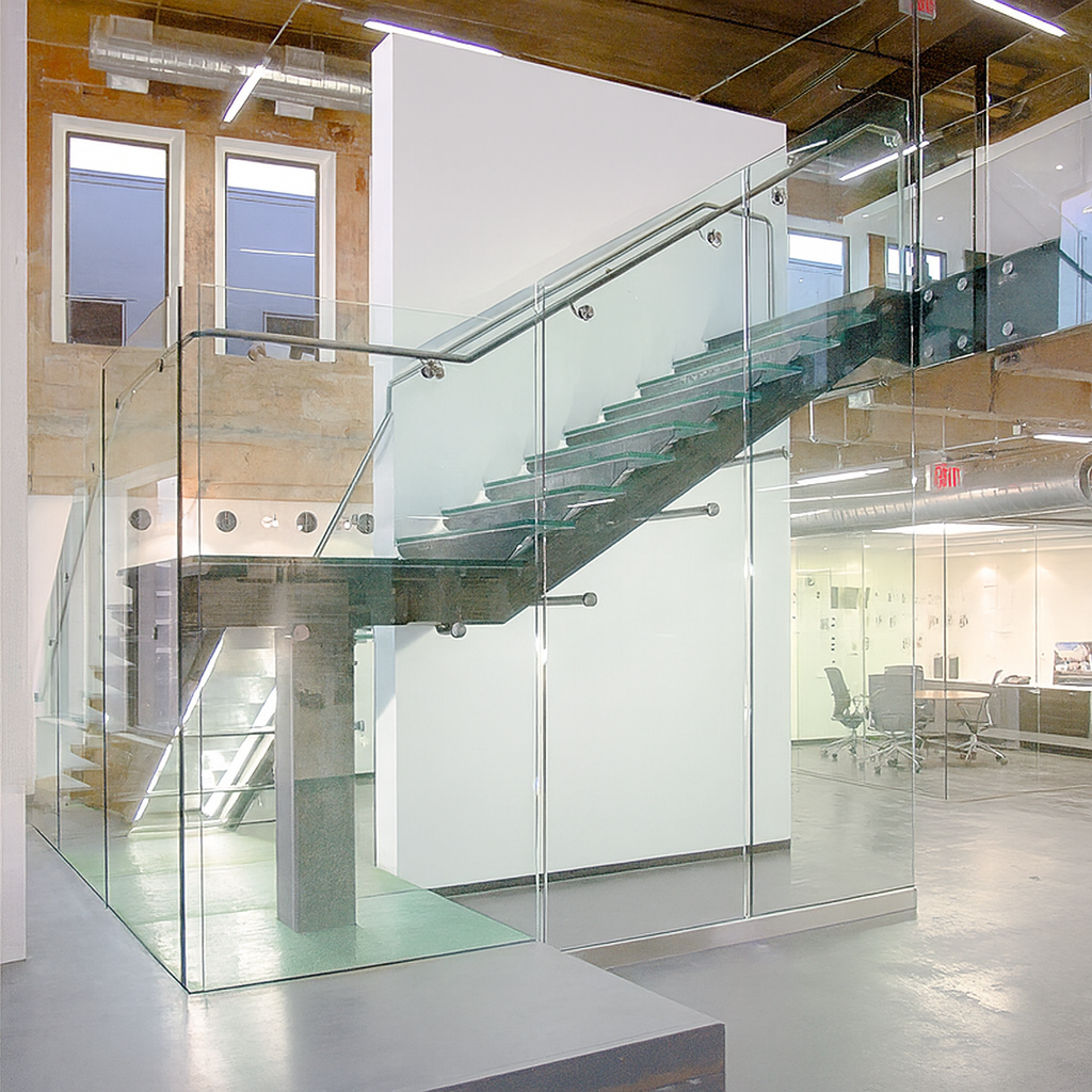 Modern office with a glass staircase and walls. Concrete and white walls are visible.