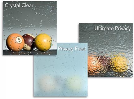 A side-by-side comparison of Crystal Clear, Ultimate Privacy, and Privacy Frost glass samples.