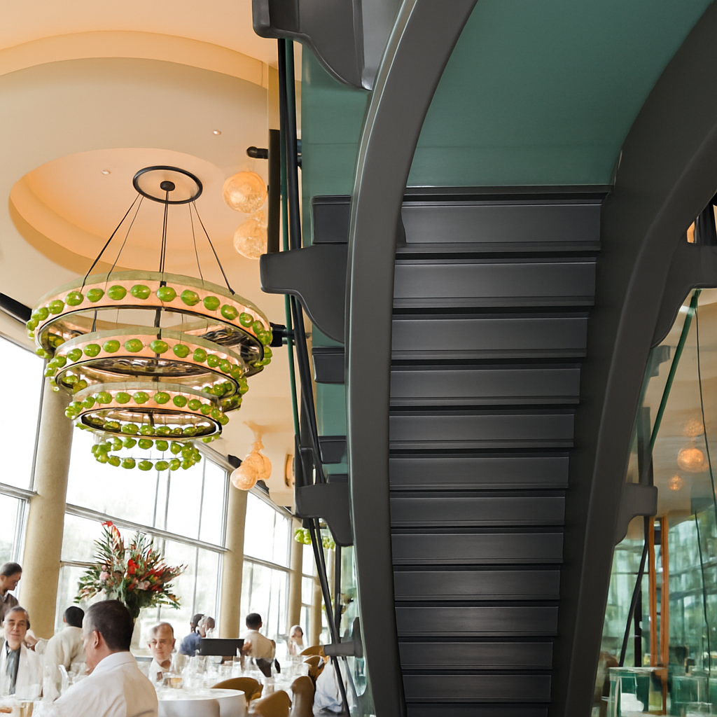 Modern interior with a spiral staircase, elaborate chandelier, and people seated at tables by a window.