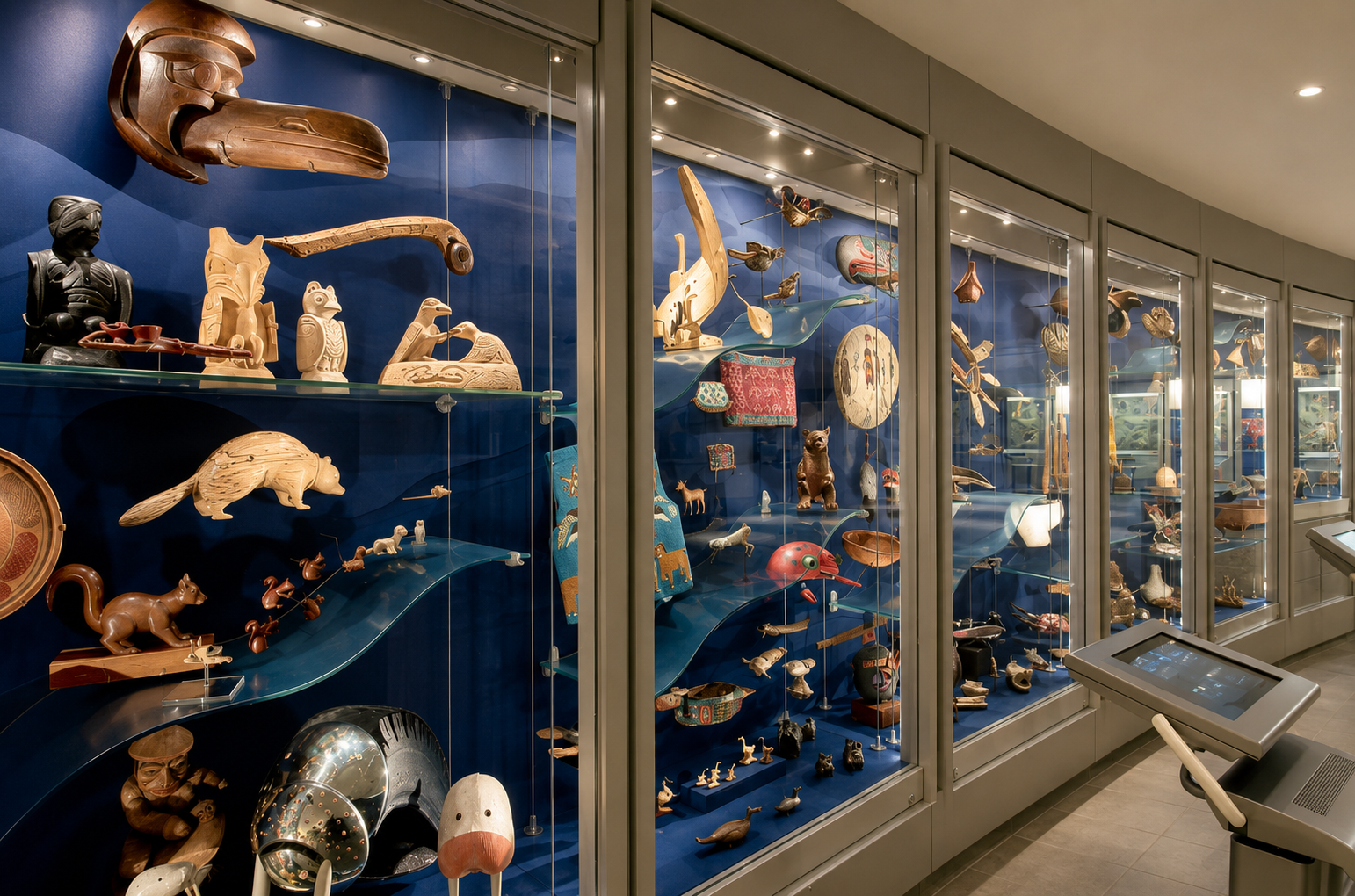 Museum display cases with shells, fossils, and preserved animals on blue backdrops in a curved gallery