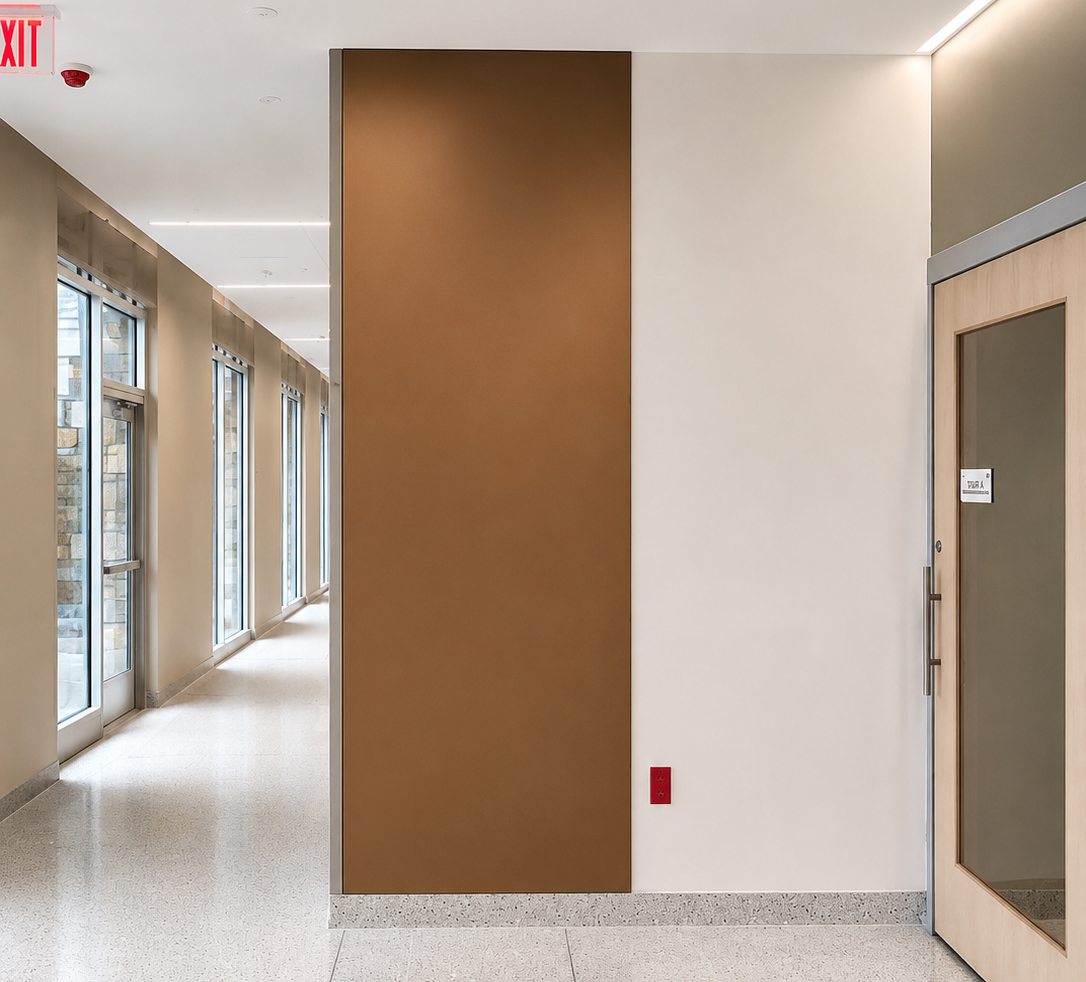 Empty hallway with glass doors, white walls, bronze mirror accent panel, and red exit sign