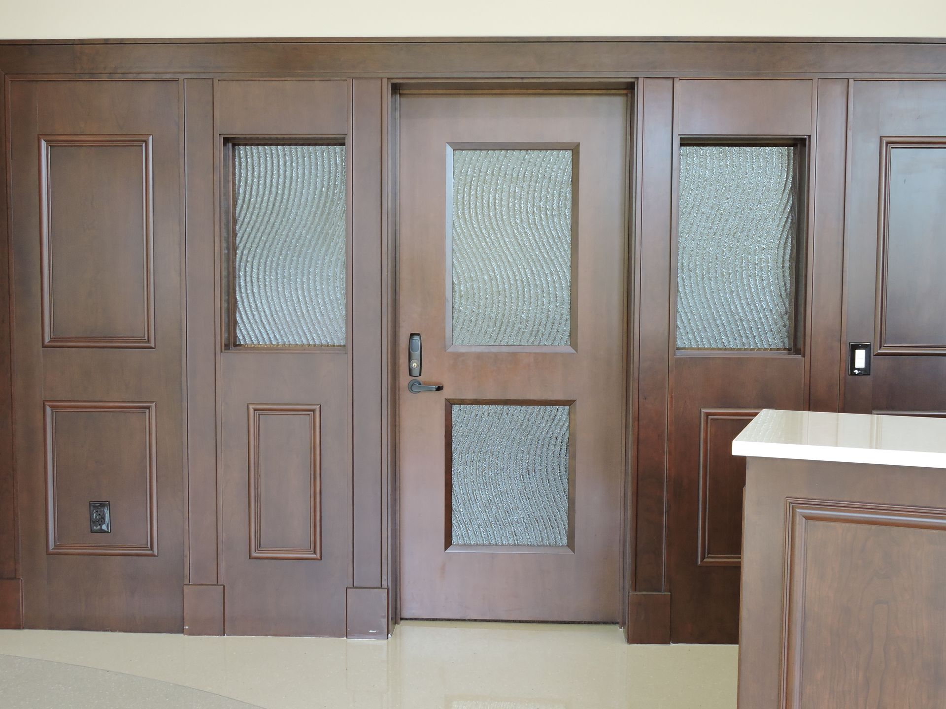 A wall of dark wood paneling with an integrated central door, featuring textured glass inserts and a light stone counter.