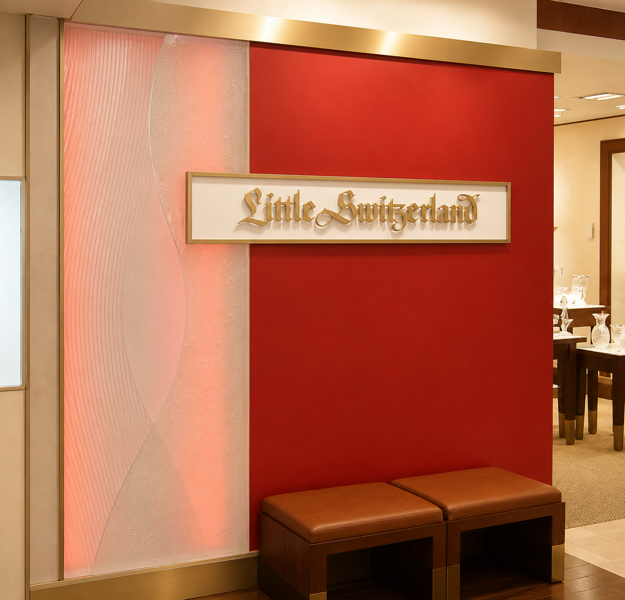 Little Switzerland store sign on a red wall with pink paneling and two brown benches