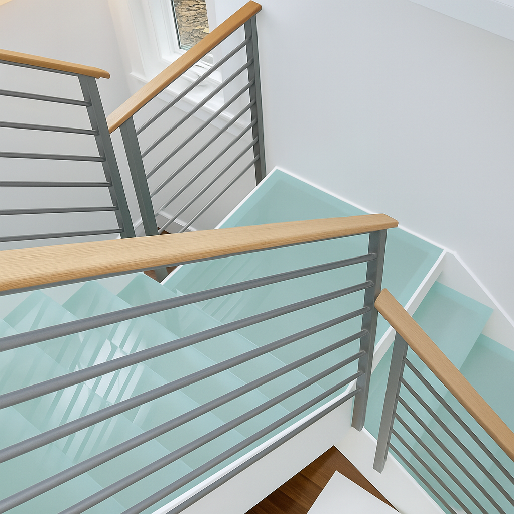 Staircase with light blue glass steps, wooden handrails, and silver metal railings.