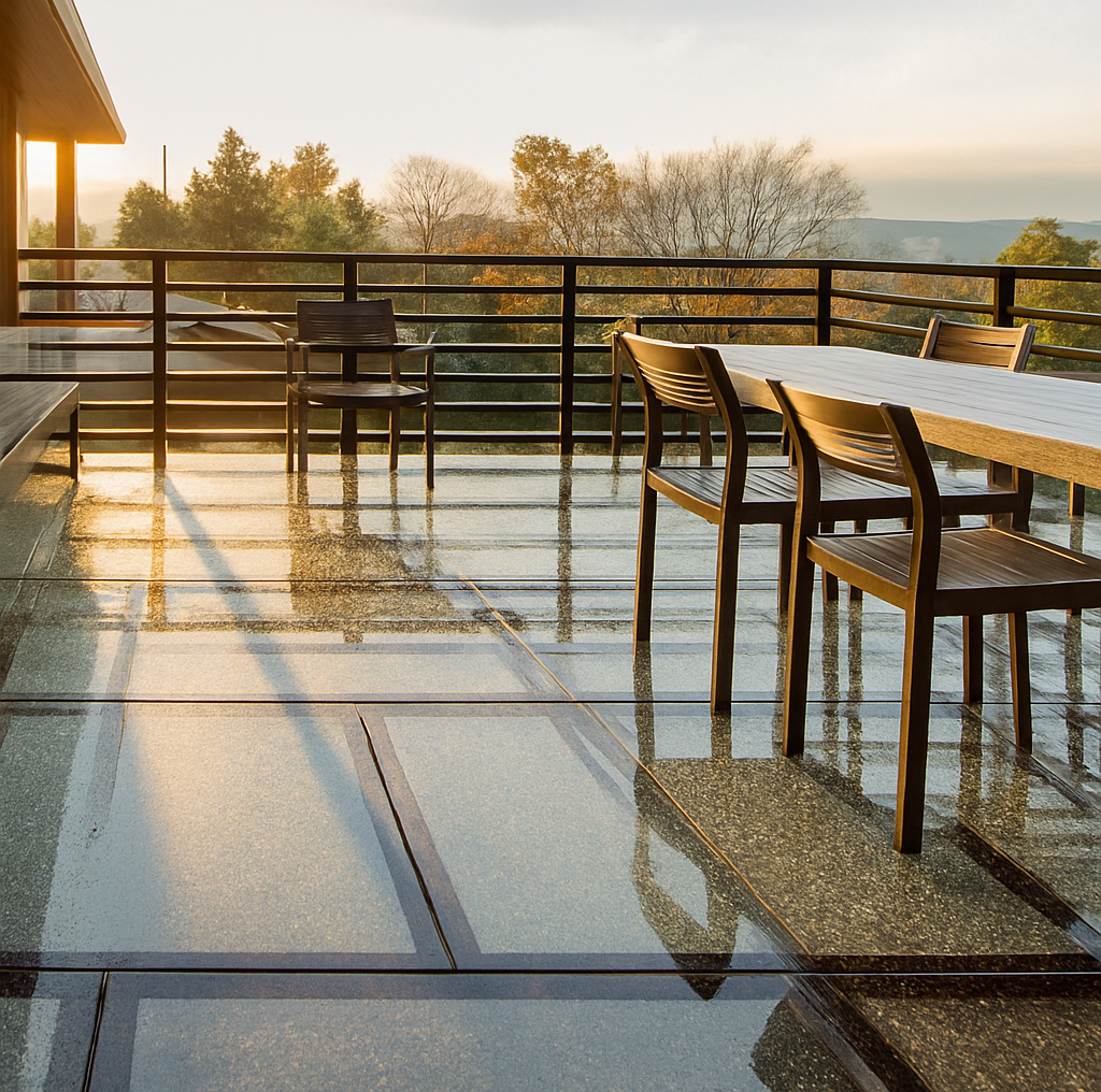 Deck with glass floor, outdoor dining table and chairs, overlooking trees, sunset.