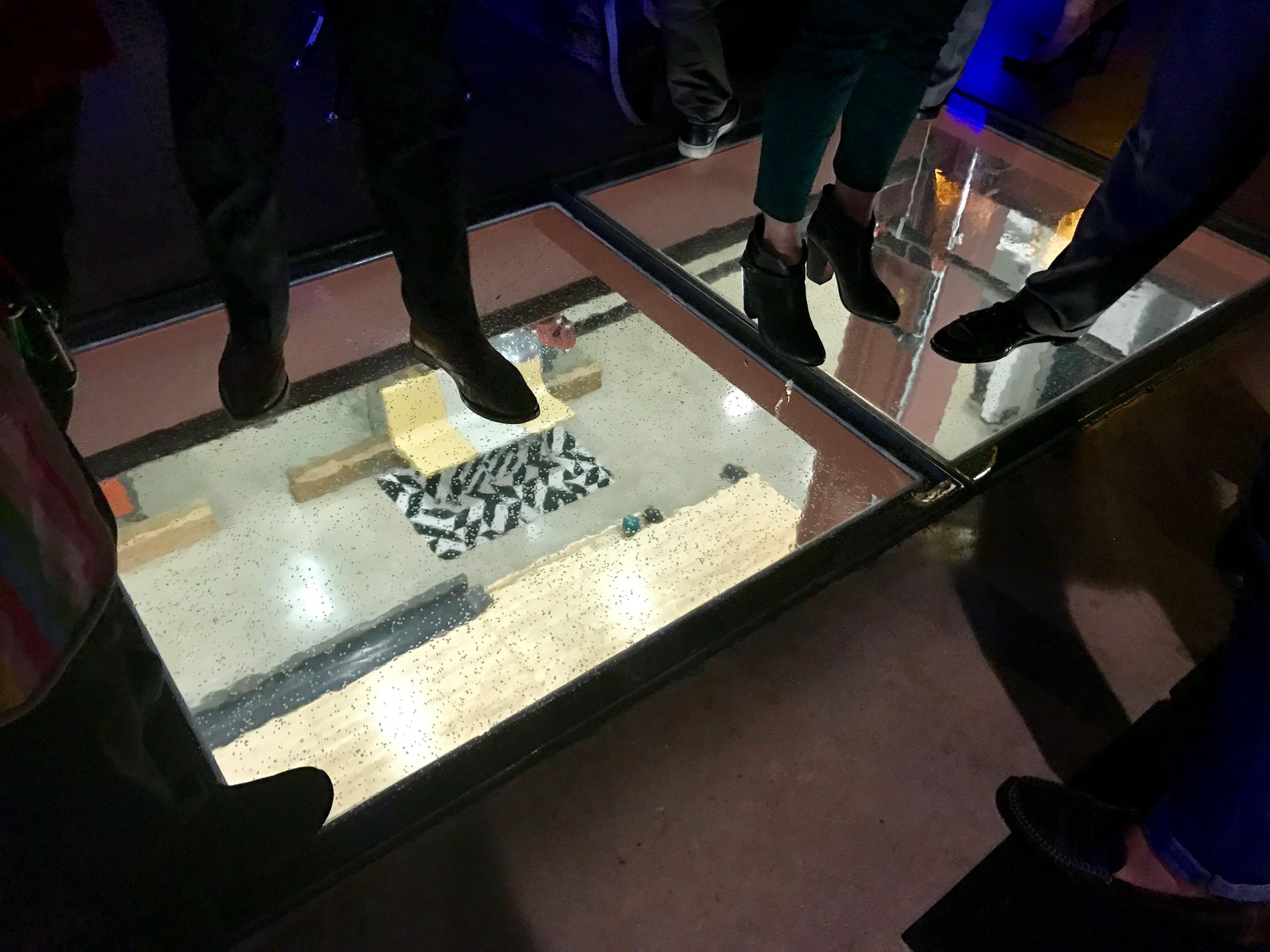 People standing on a glass floor, looking down at an exhibit in a museum.