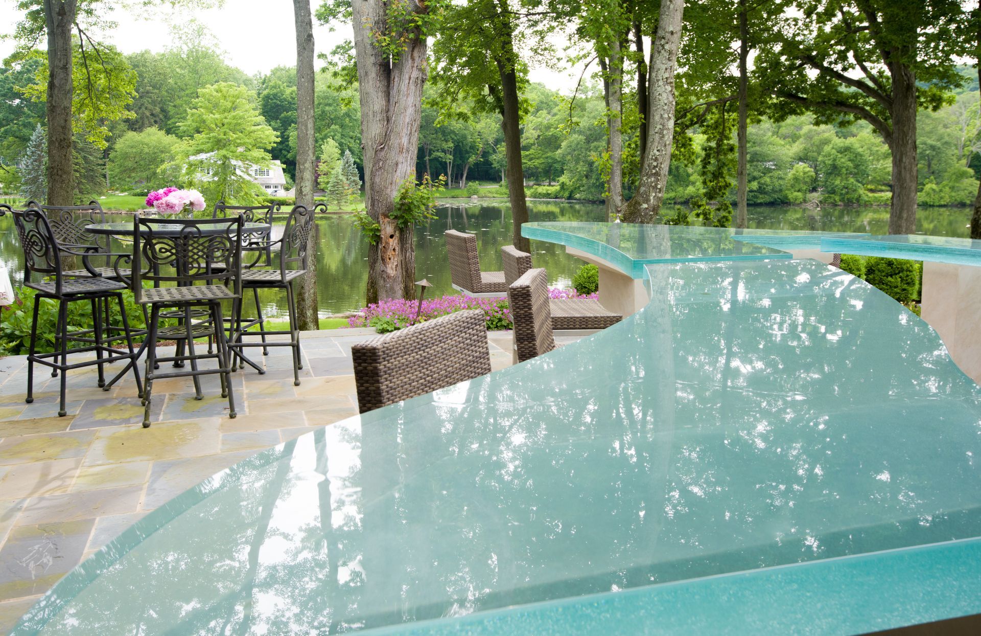 An outdoor glass countertop with thick glass.