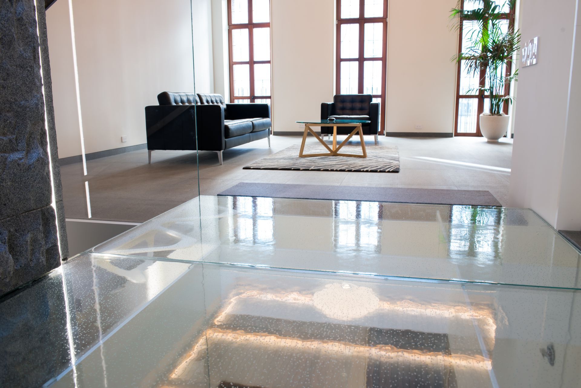 Glass flooring in an upscale New York City apartment.