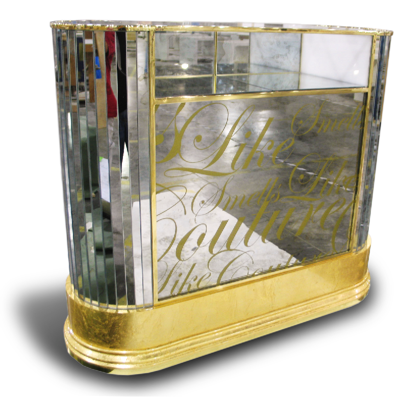 A glass display case with the words