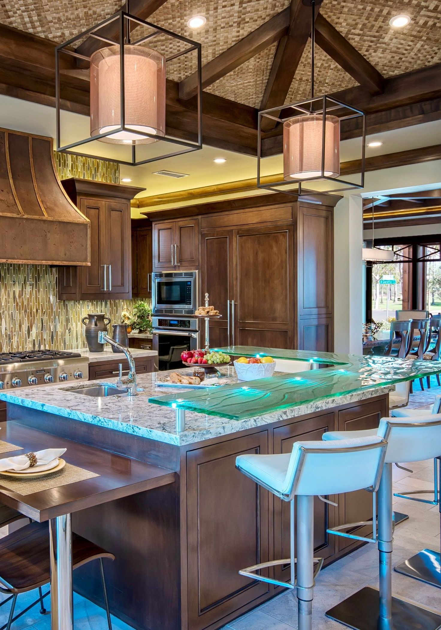 A textured custom glass countertop in a residential kitchen.