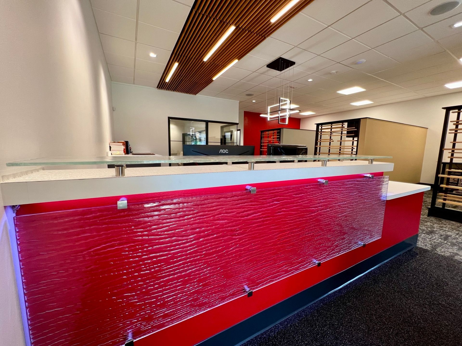 red cast glass desk panels