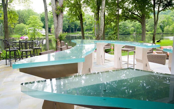 Outdoor glass bar top in a residential home.