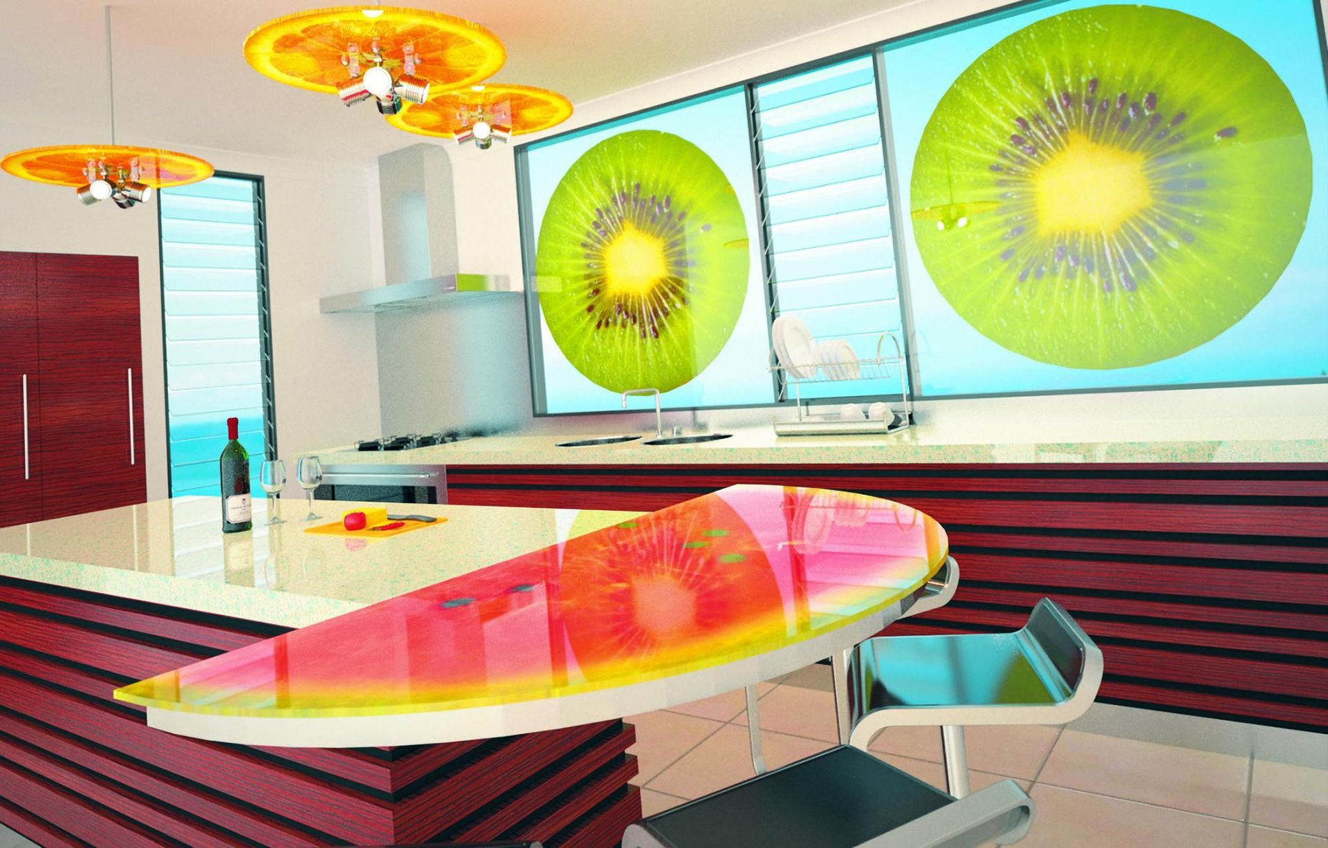 A kitchen with a surfboard and kiwi slices on the windows