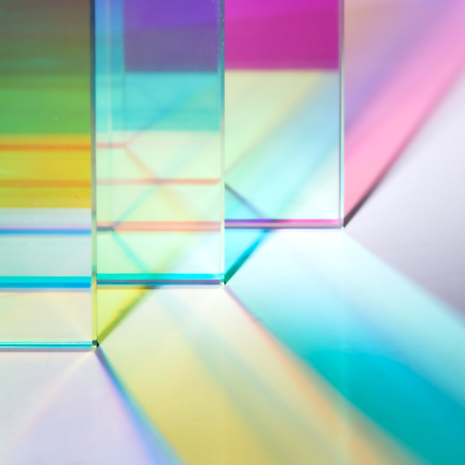 Dichroic glass panels in an array of pastel colors.