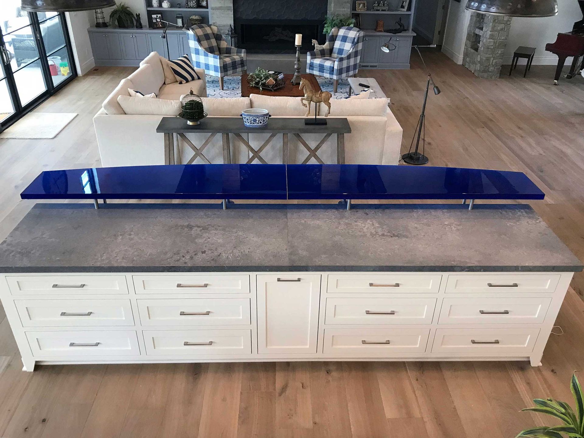 Thick blue glass countertop.