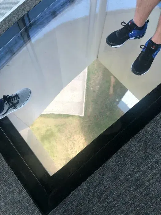 Three people standing on a glass floor panel. Light reflecting, showing a view of grass below.