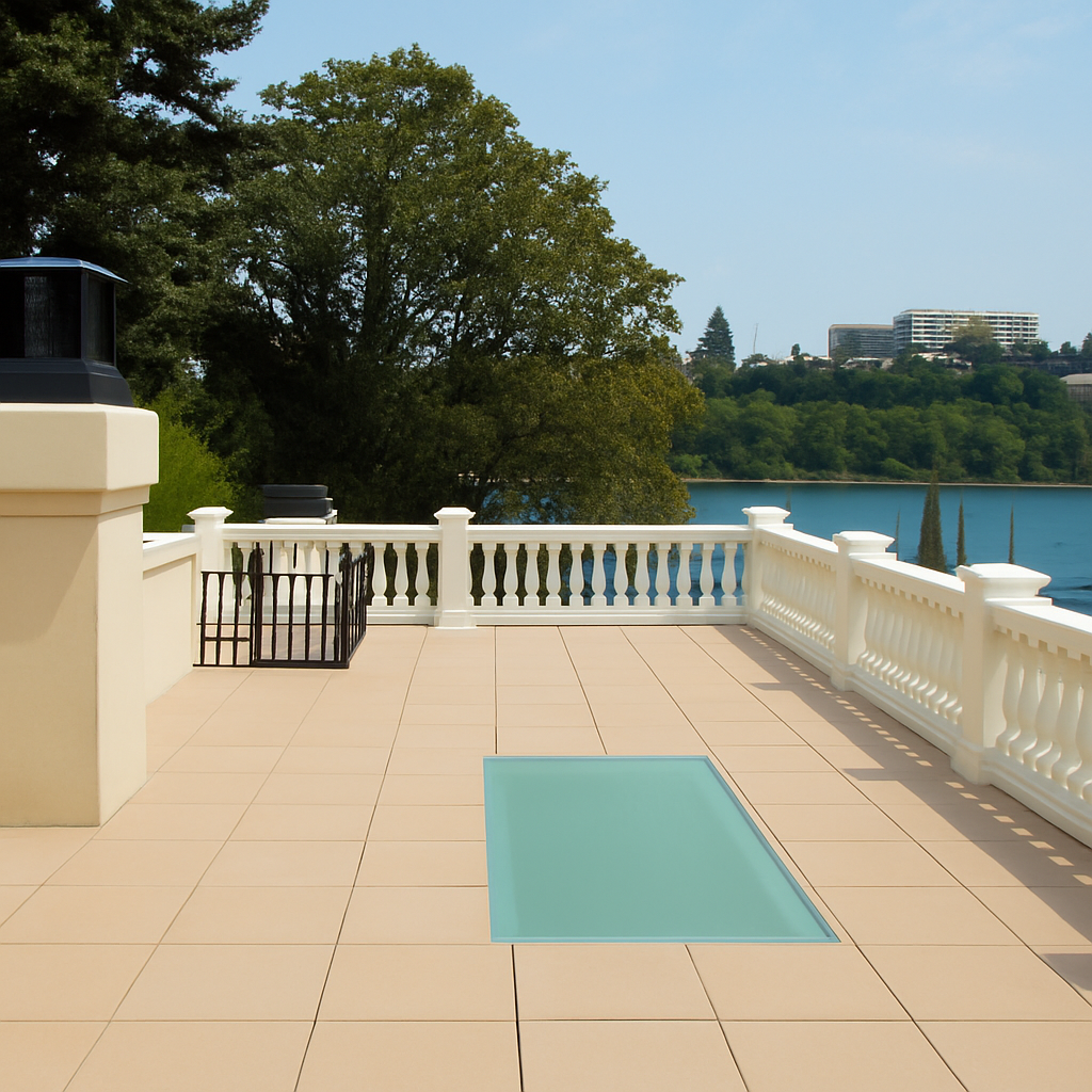 Balcony with a light tan tiled floor, white railing, and a rectangular glass skylight.