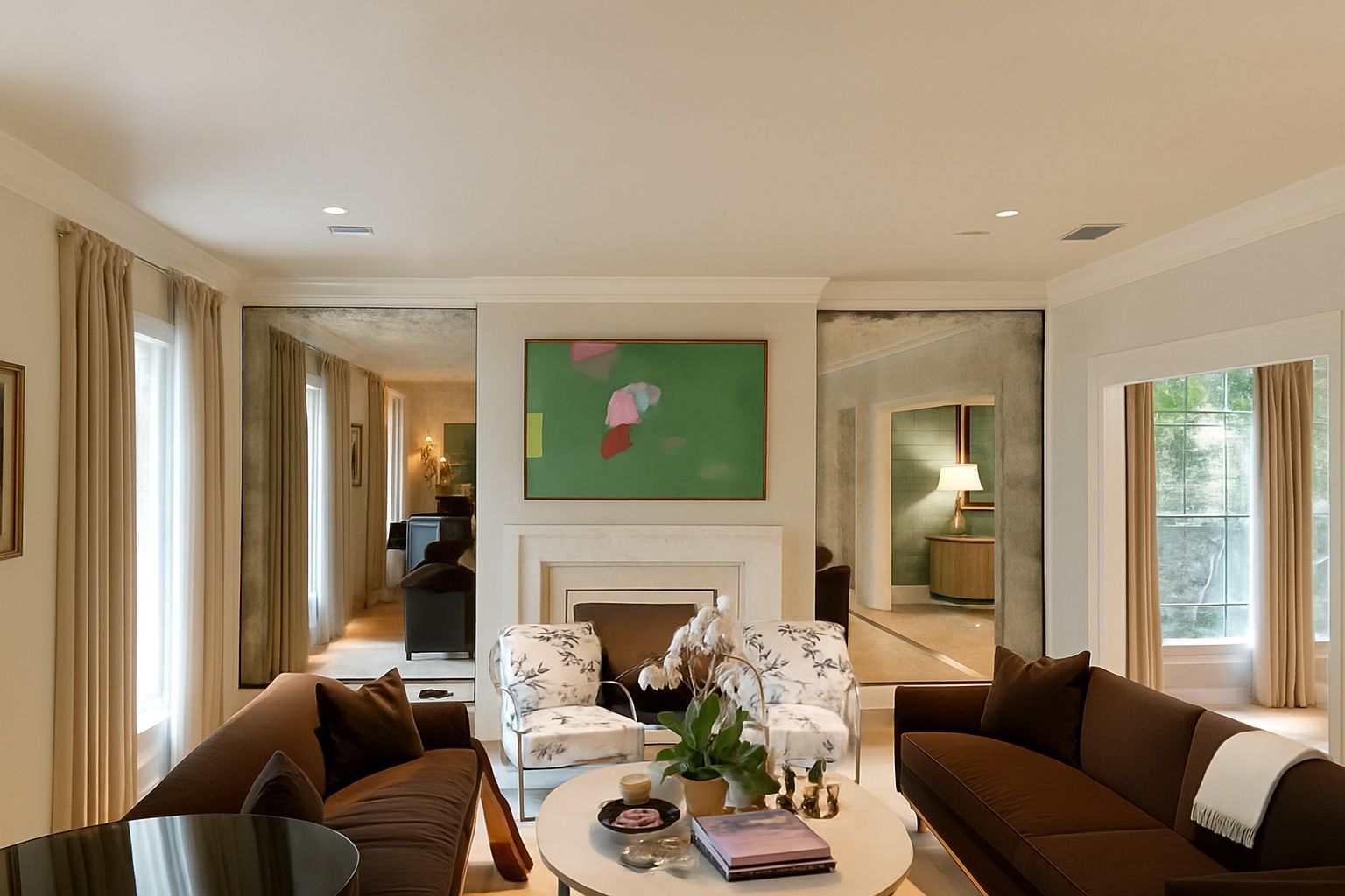 Living room with brown sofas, a white table, and a green artwork above a fireplace.