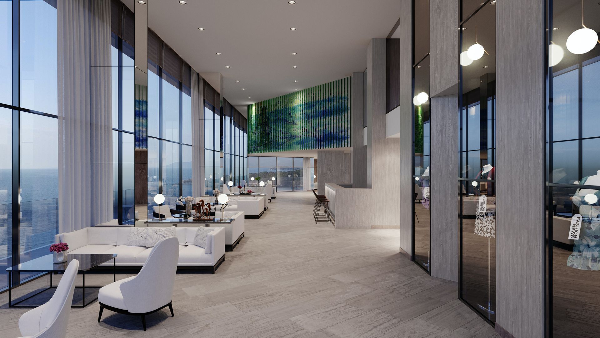 Natural light filtering into an upscale hotel through architectural glass features.