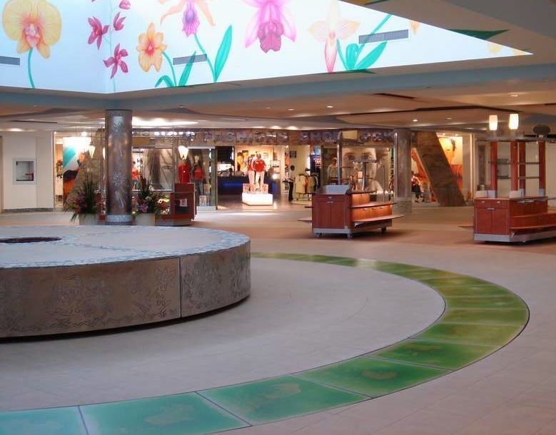 The inside of a building with a ceiling with flowers painted on it