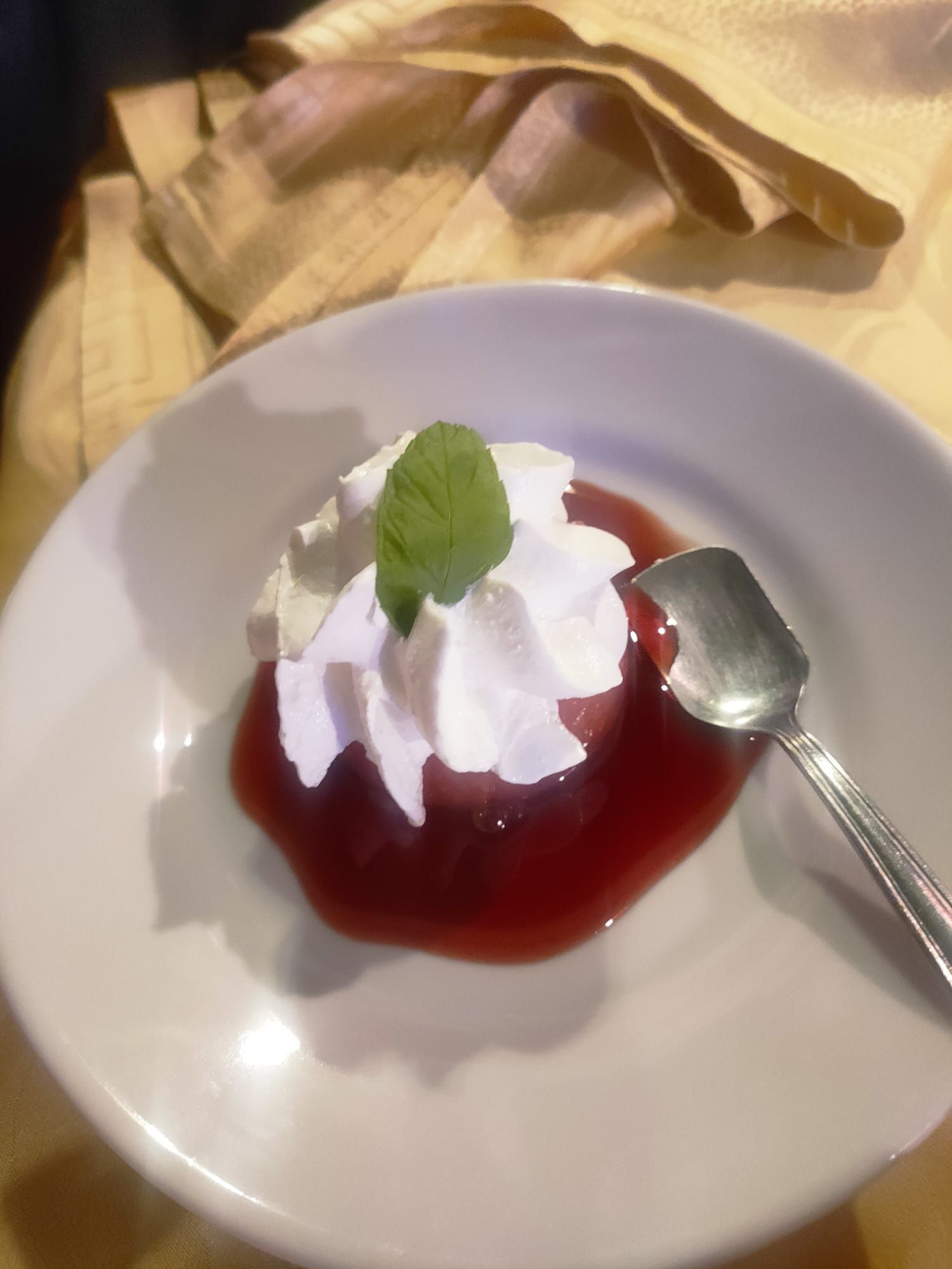 Un dessert guarnito con panna montata e una fogliolina di menta, servito in una ciotola bianca con salsa rossa e un cucchiaino.