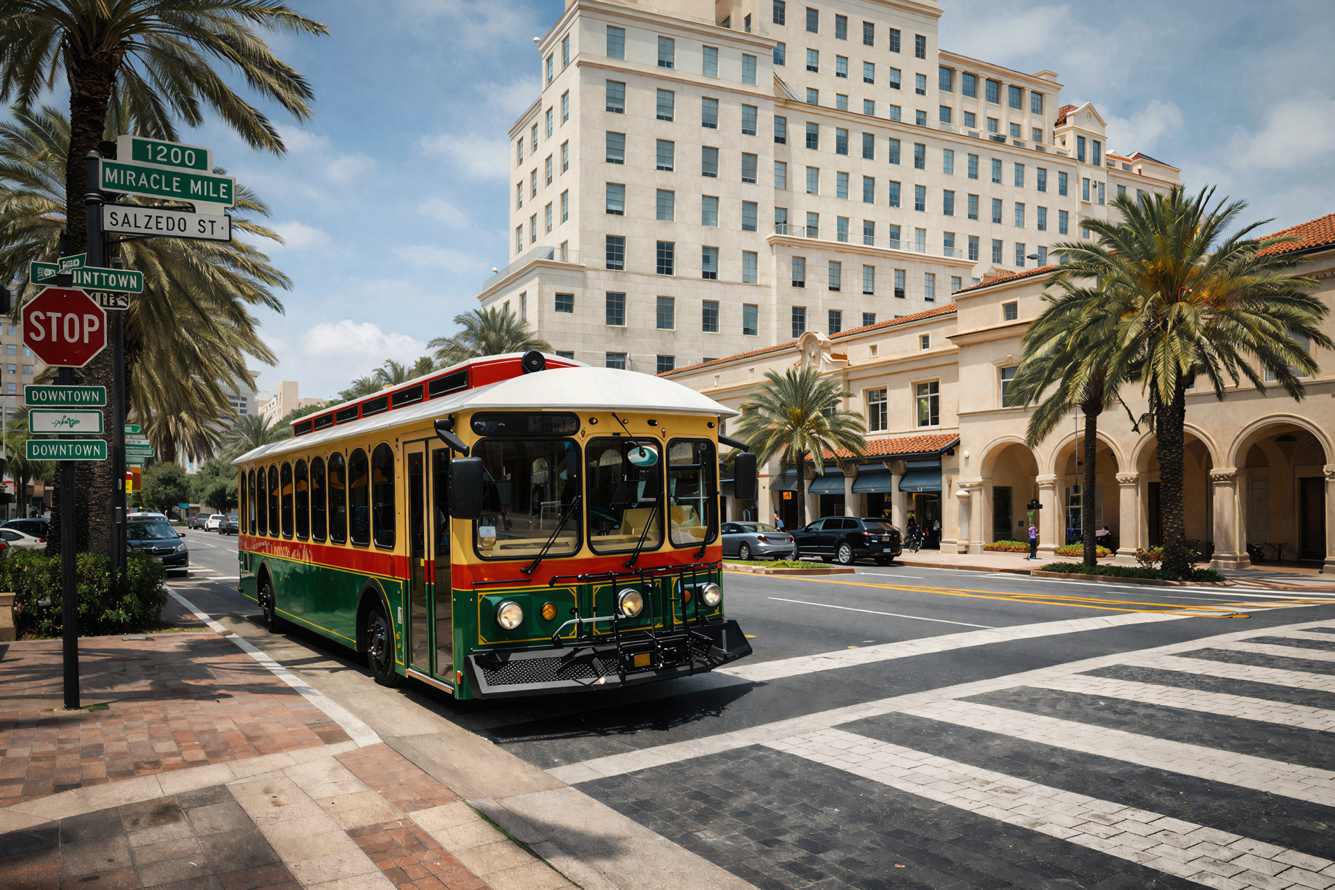 A colorful trolley bus travels down a sunny street in front of a historic multi-story building lined with palm trees.