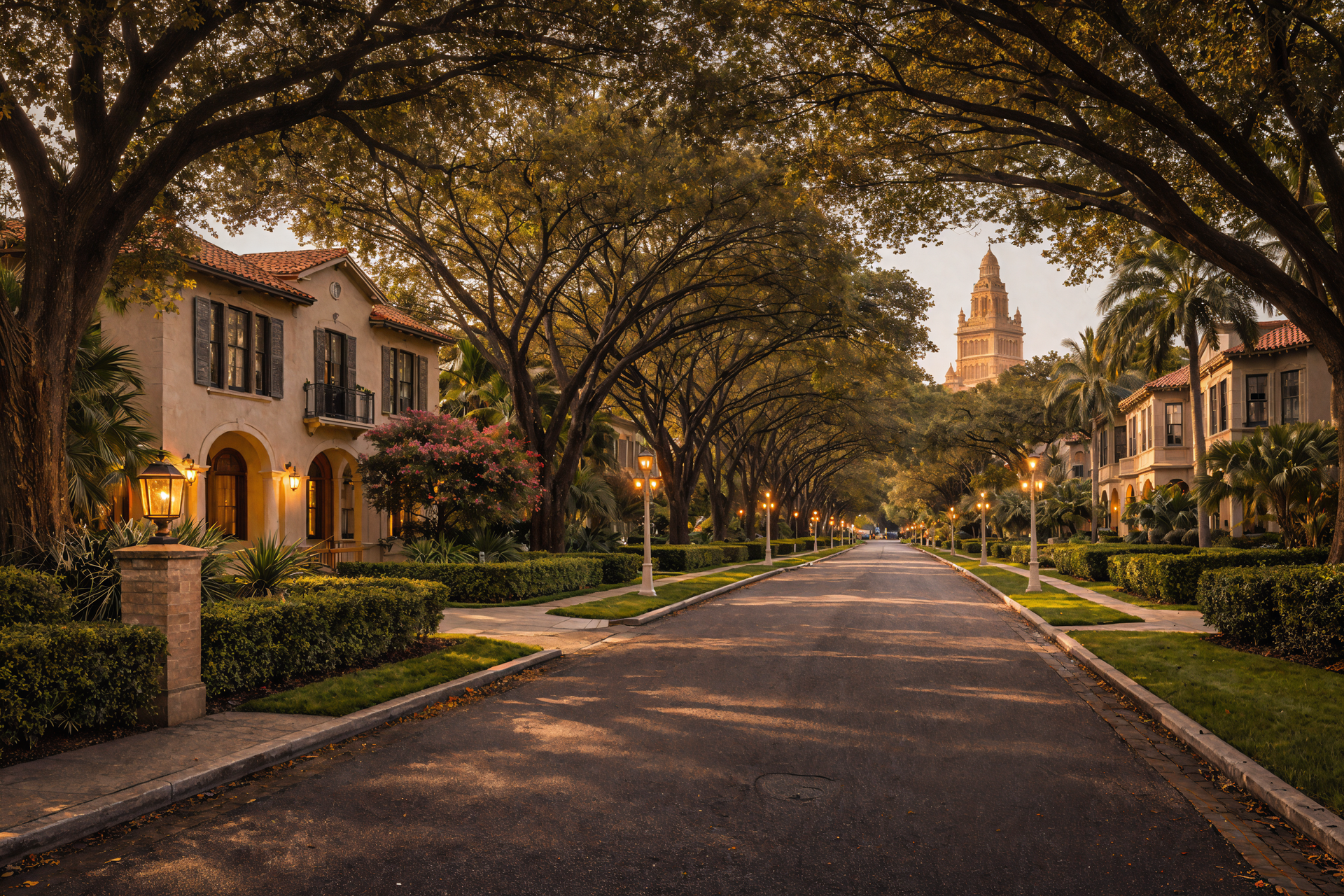A quiet, tree-lined street in Coral Gables with Mediterranean-style houses and the Biltmore Hotel tower in the distance.