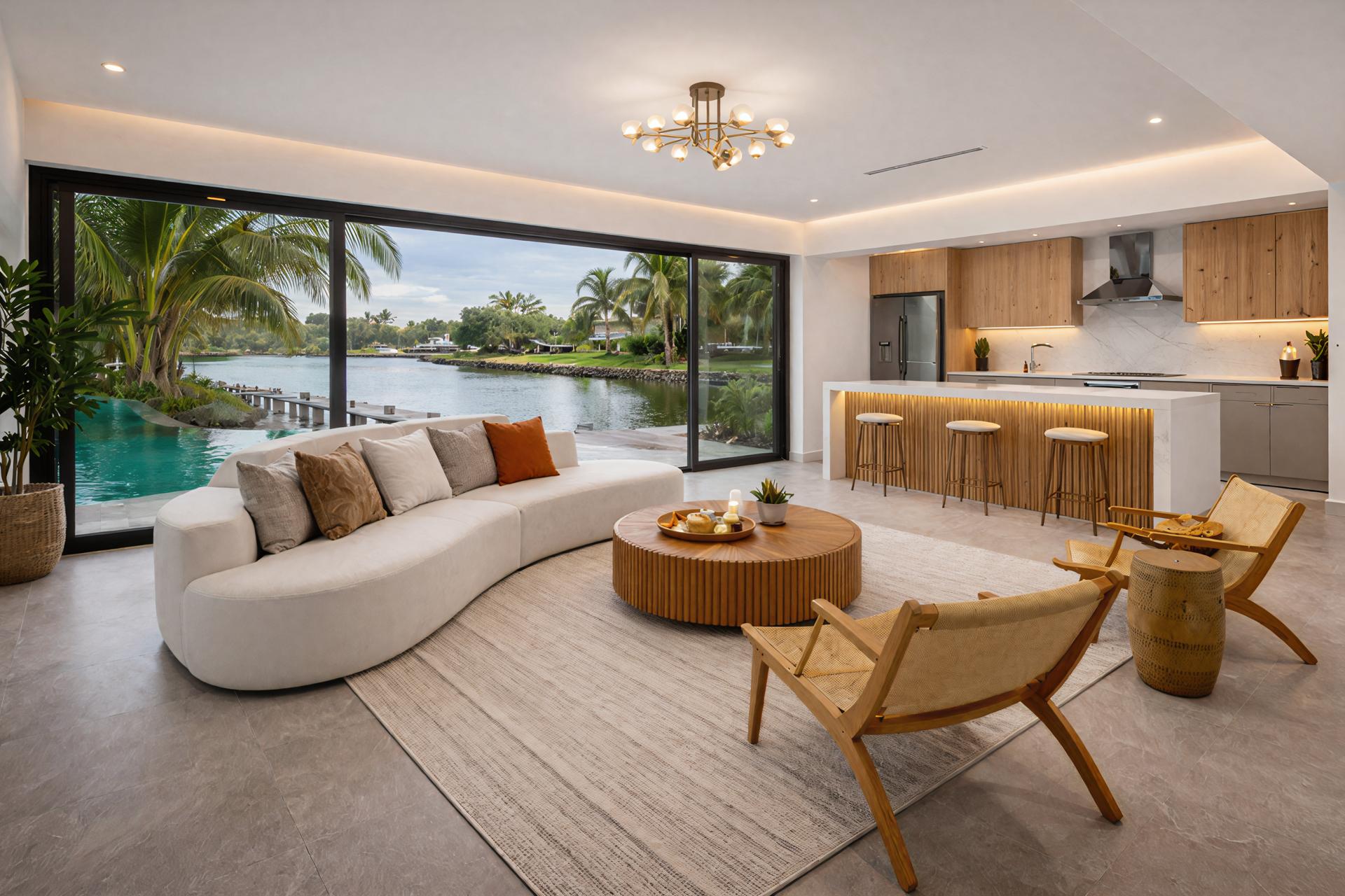 Modern open-concept living area with a curved cream sofa, wooden coffee table, and kitchen island overlooking a lake.