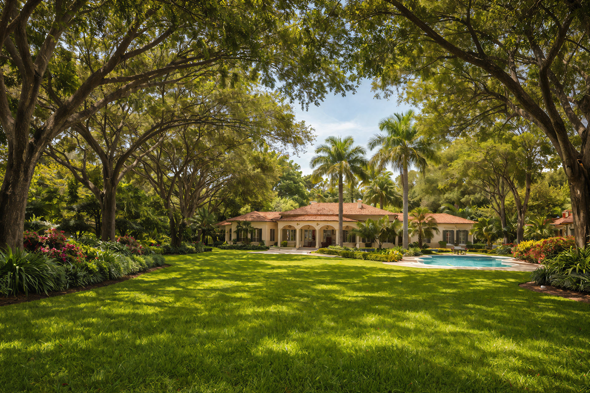 A sprawling house with a terracotta roof sits at the end of a lush green lawn, framed by large, leafy trees and palms.