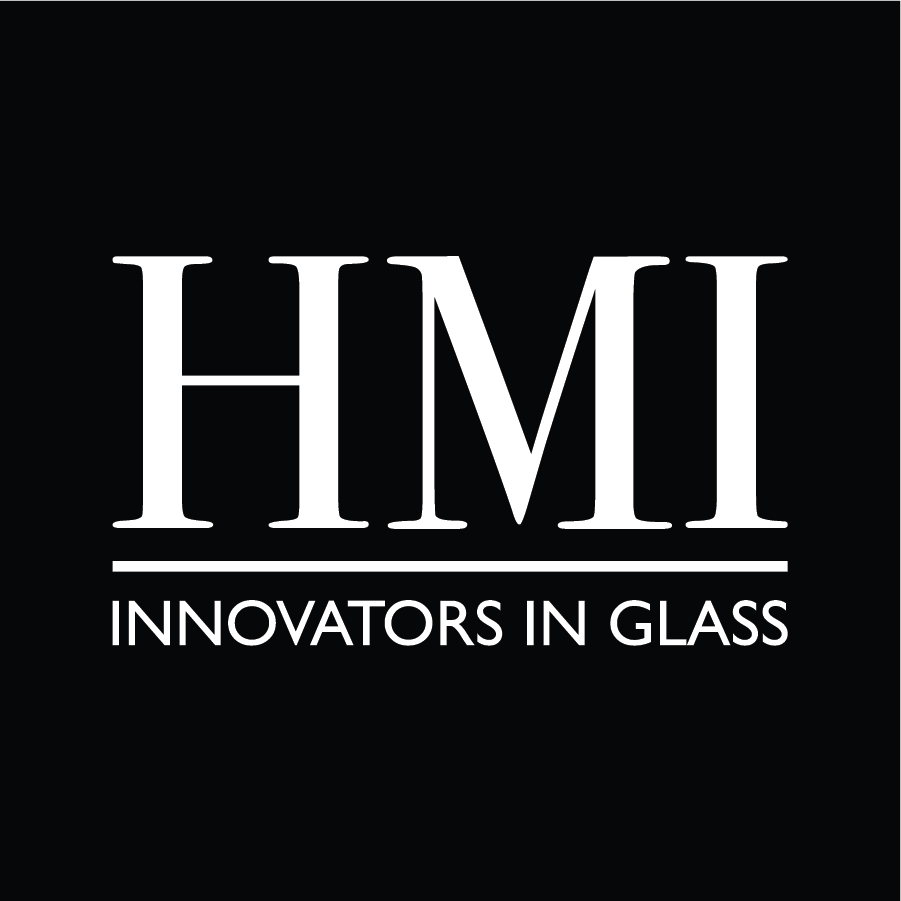 A black and white logo for hmi innovators in glass