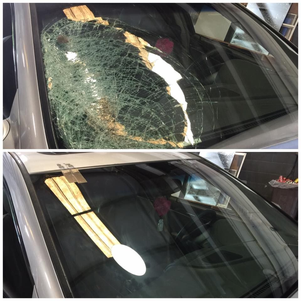 A before and after photo of a broken windshield on a car.