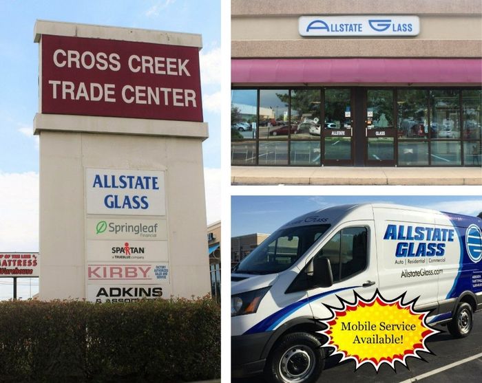 A collage of three pictures shows the cross creek trade center and allstate glass