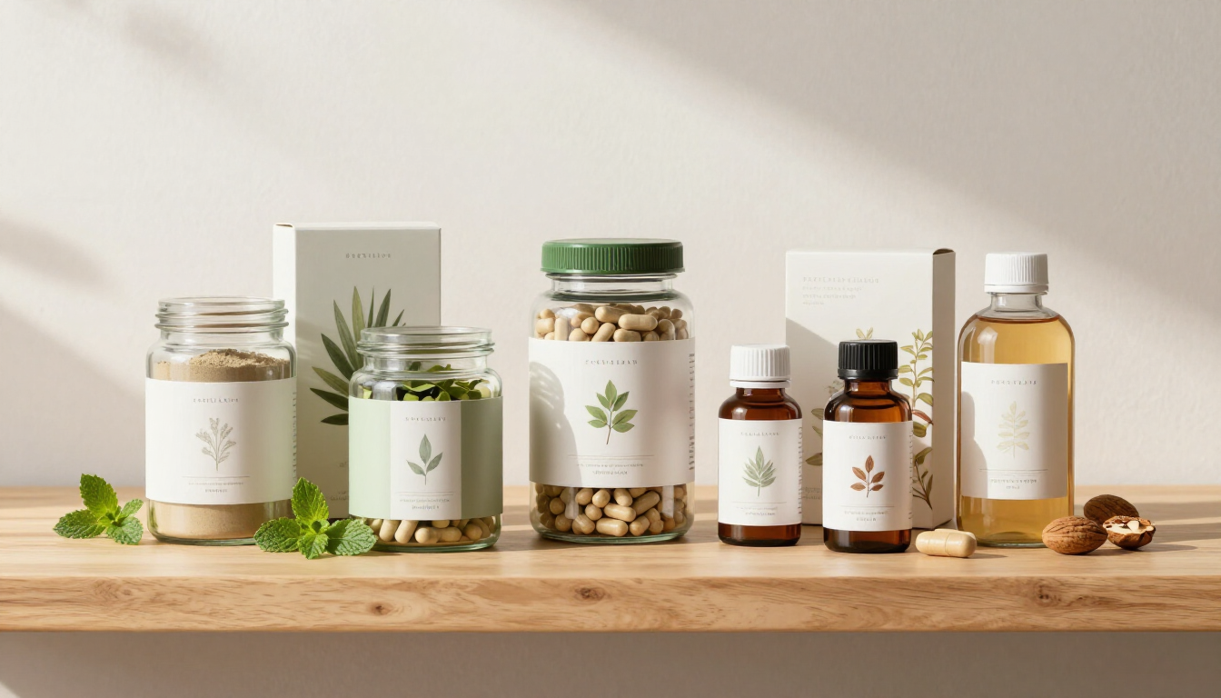 Exhibición minimalista de productos de bienestar con frascos