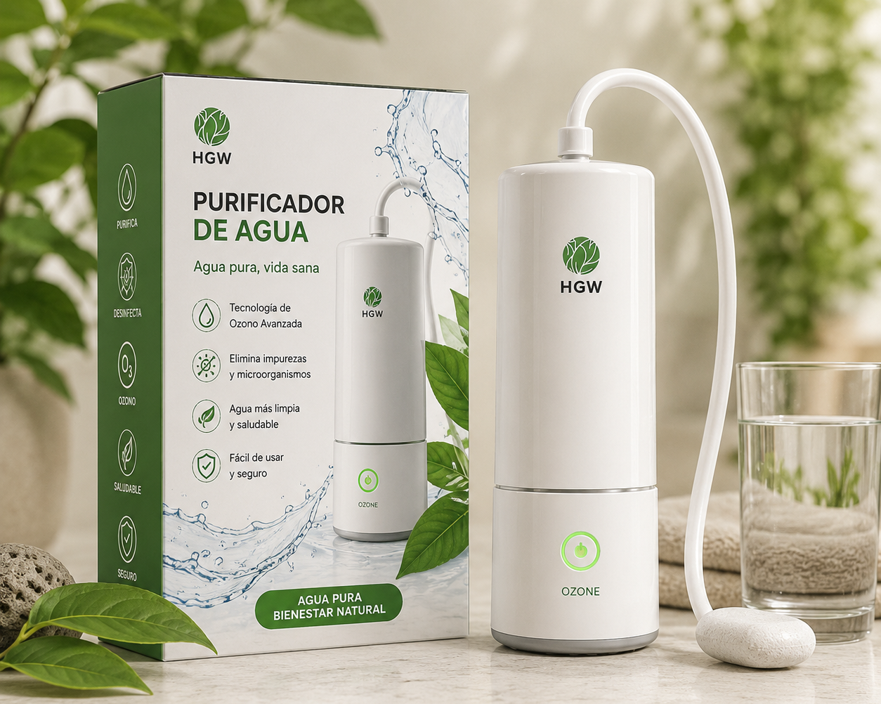 Purificador de agua blanco con caja verde y vaso de agua sobre mesa, en fondo natural