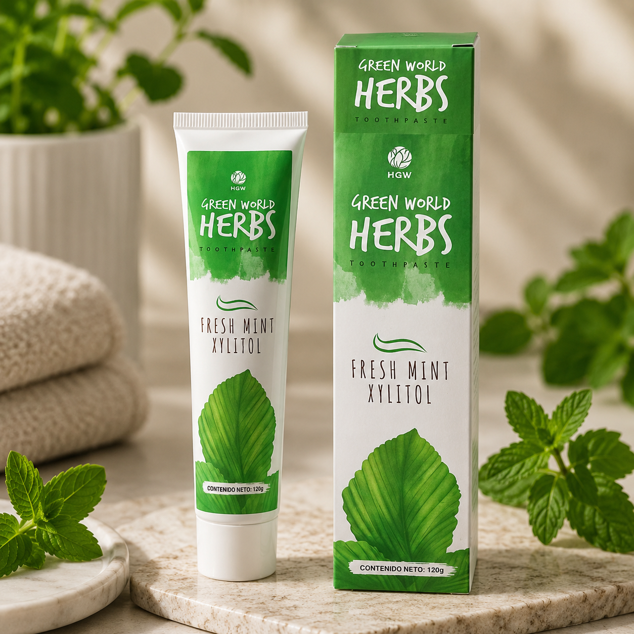 Tubos de pasta de dientes verdes y una caja con diseño de hoja de menta sobre una encimera de baño beige.