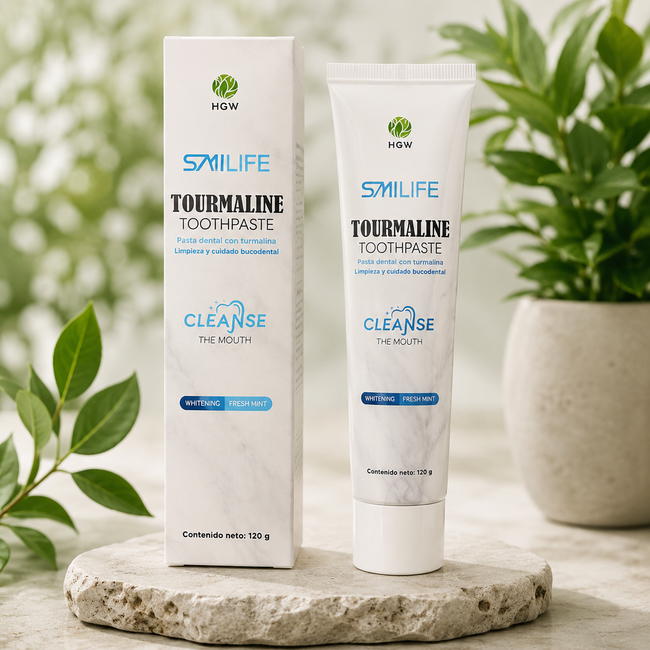 Pasta dental con Turmalina Blanca HGW para el blanqueamiento dental natural en tubo y caja blanca.