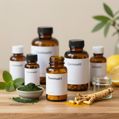Varias botellas de suplementos herbales con raíces y polvo verde sobre una mesa.