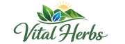 Logotipo de Vital Herbs con gráfico de hoja verde, montaña y amanecer