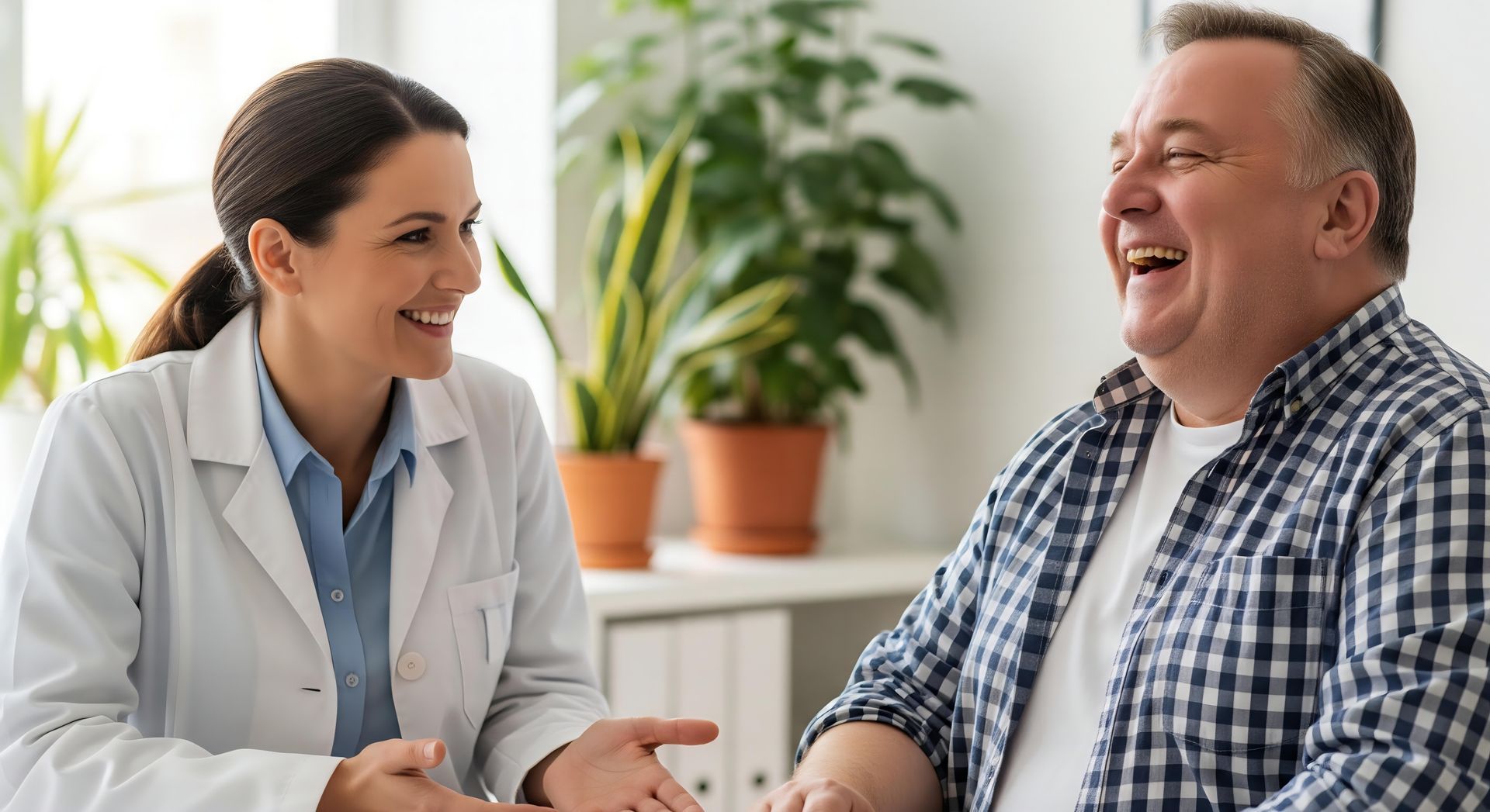 Doctor in lab coat smiling at a laughing patient in a plaid shirt, office setting.