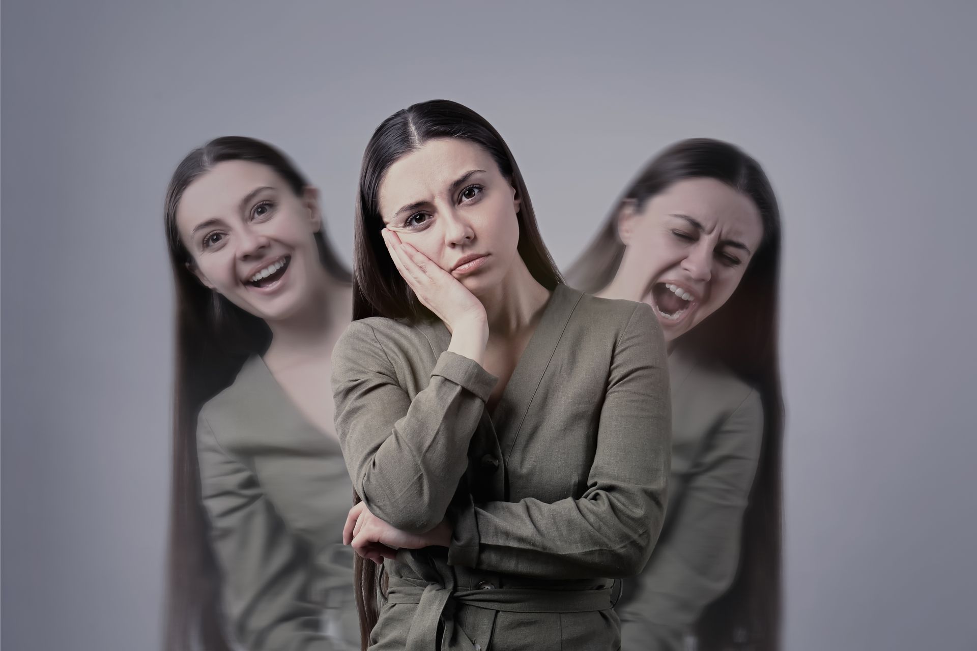 Woman with shifting emotional states: sad in the center, happy to the left, and angry to the right.