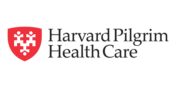 Harvard Pilgrim Health Care logo. Red shield with white icon, black text to the right.