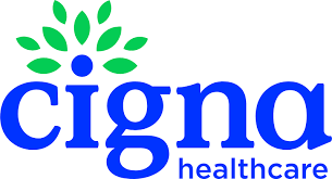 Cigna Healthcare logo: Blue text with green leaves above.