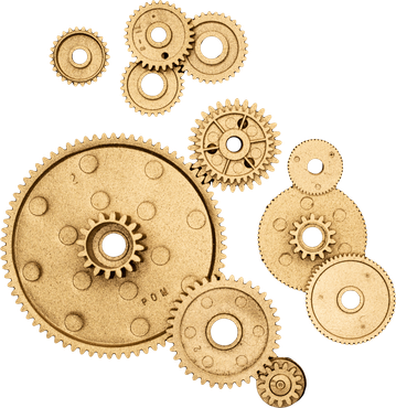Gears in various sizes, bronze-colored, arranged on a white background.
