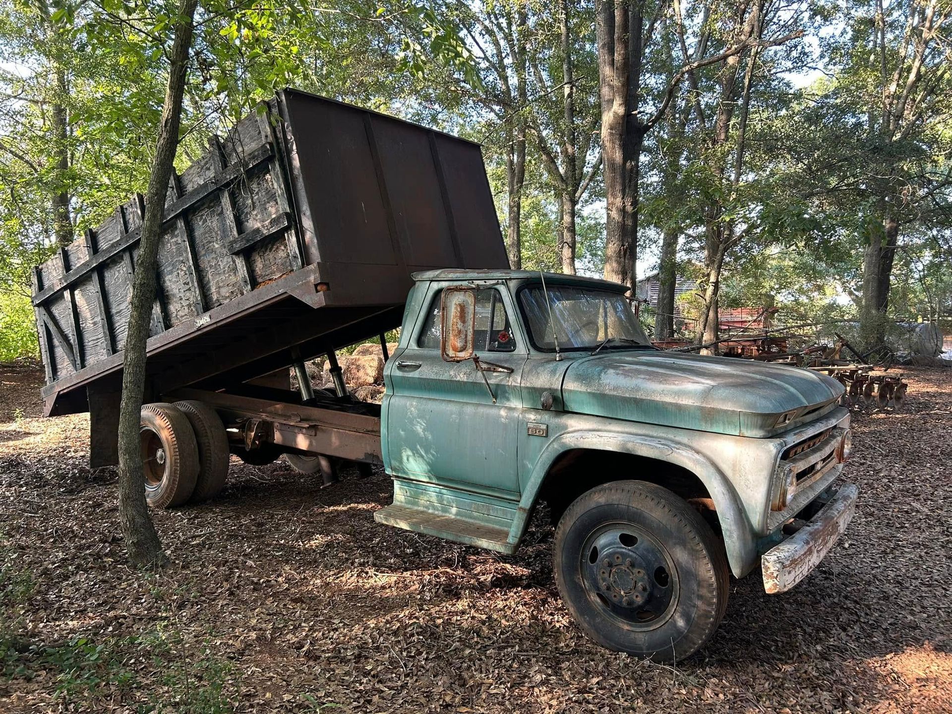 A weathered green dump truck with a raised black bed in a wooded area.