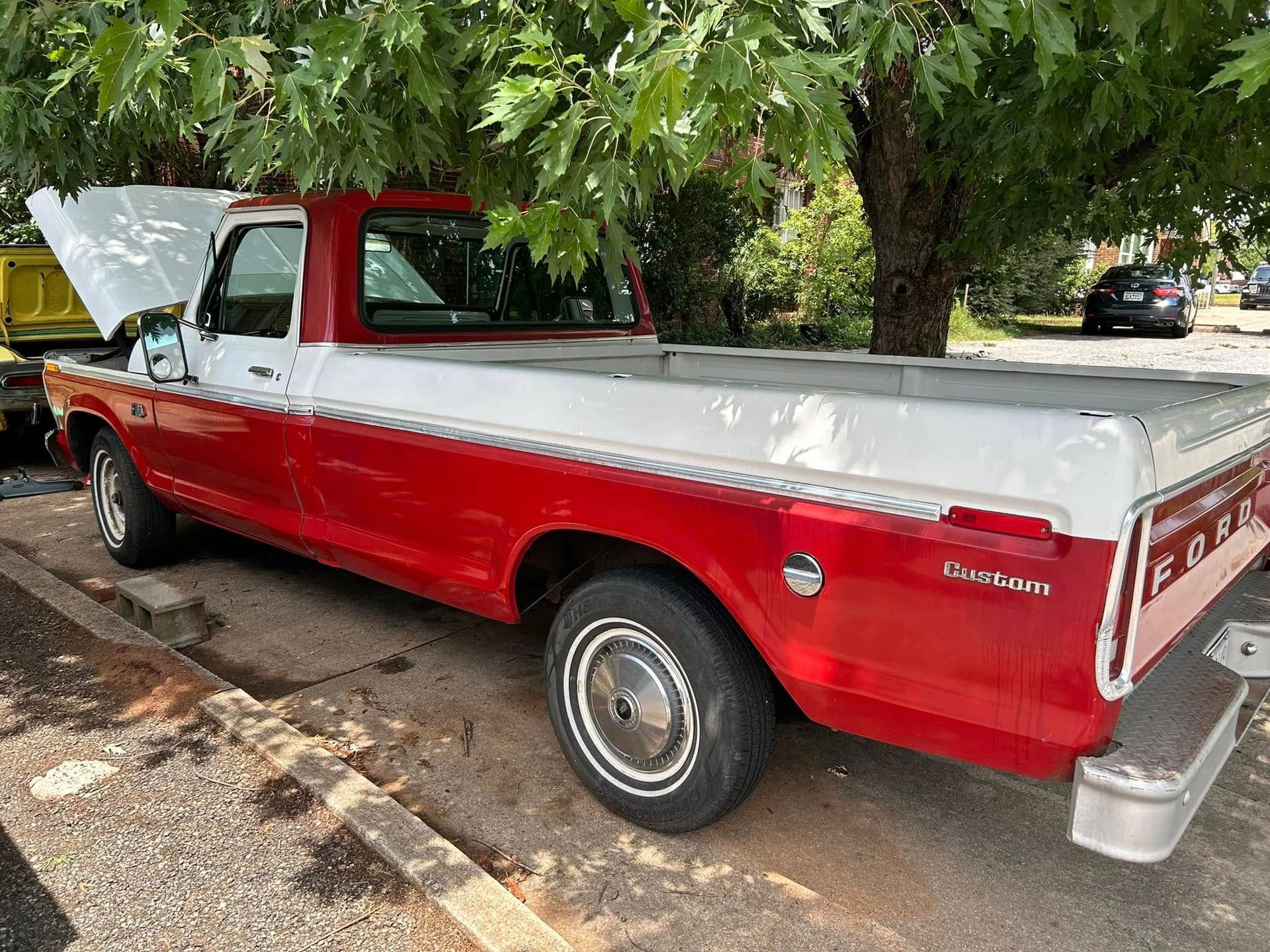 Red and white classic Ford pickup truck parked under a tree, hood open.