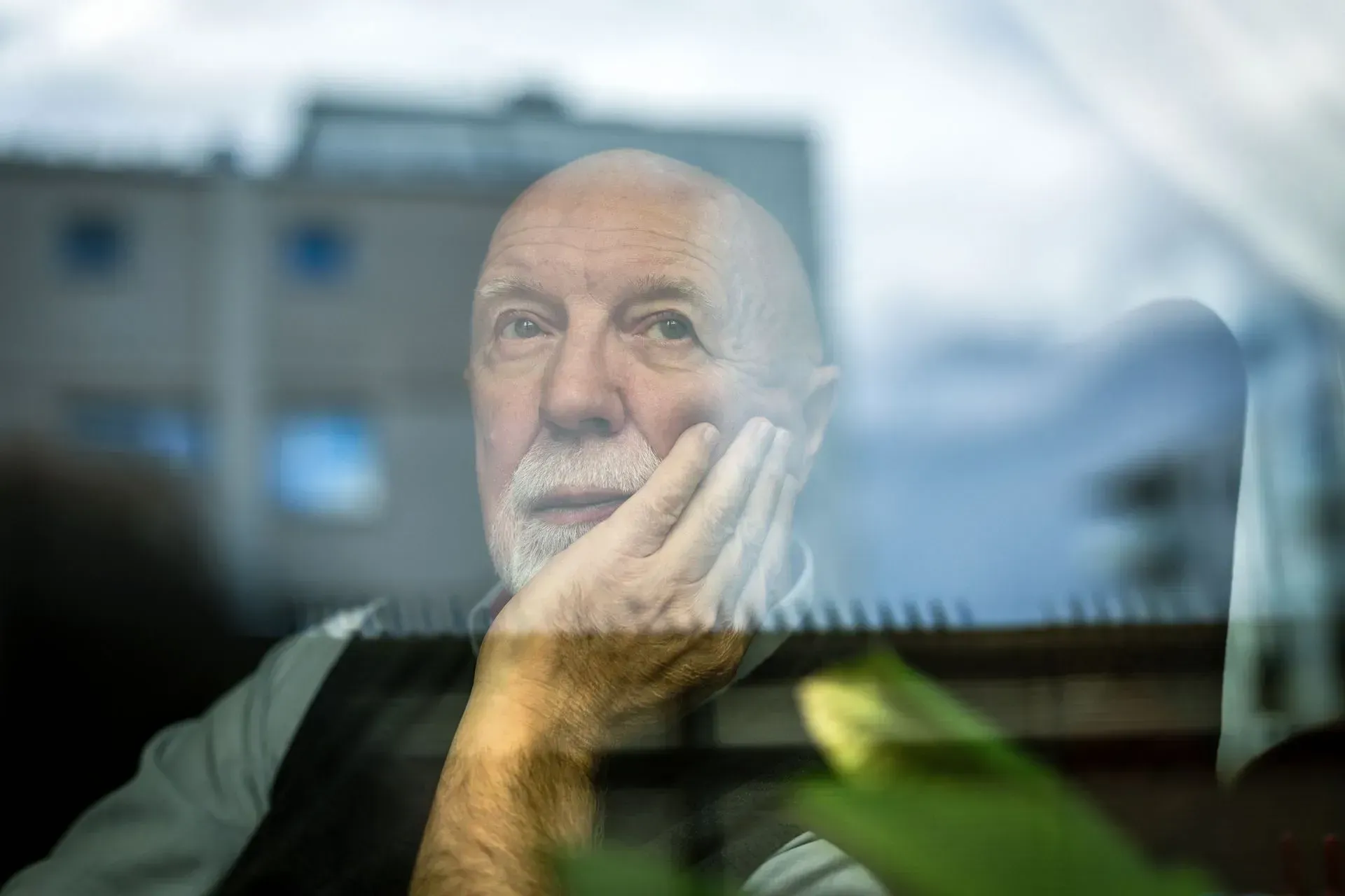 An older man with a beard is looking out of a window.