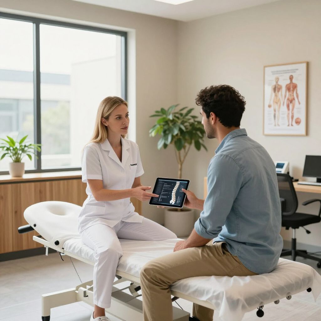 Healthcare worker showing an X-ray on a tablet to a patient in a medical office setting.