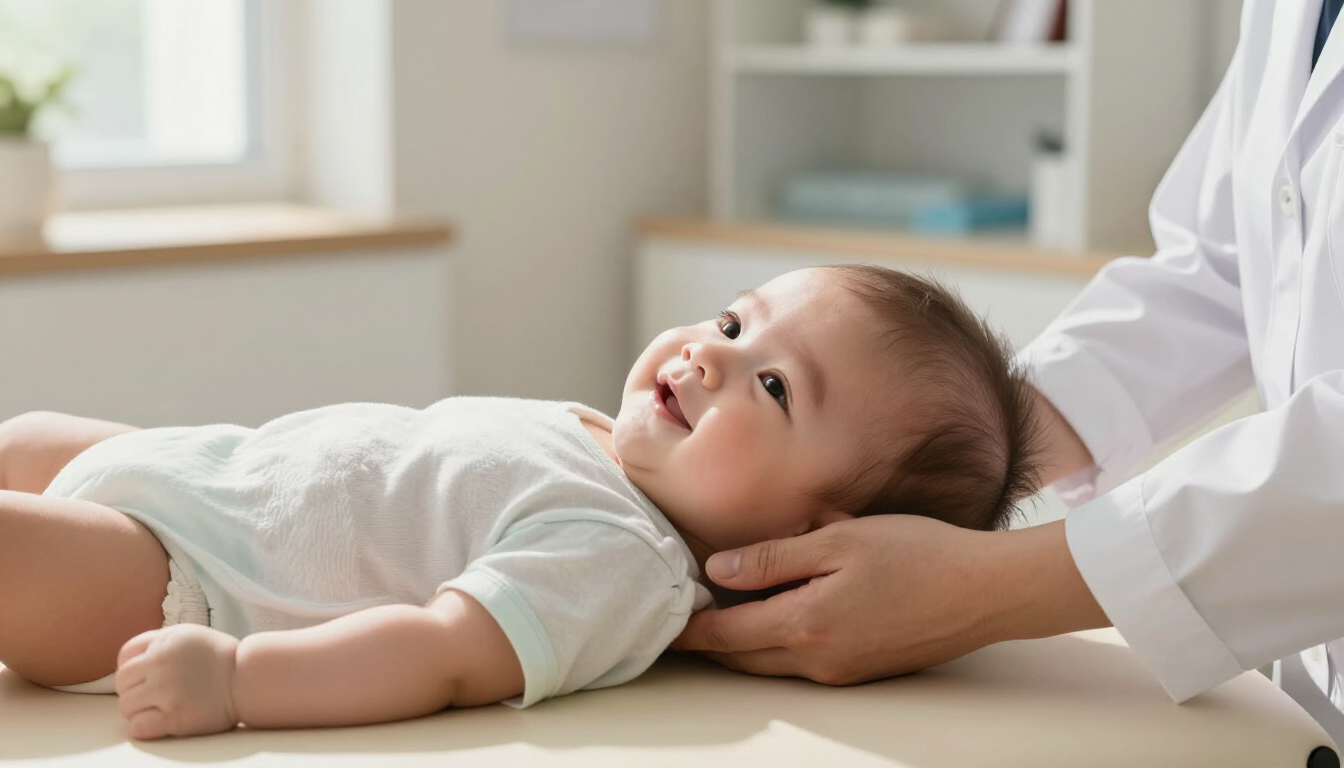 Gentle pediatric chiropractic adjustment for a smiling infant.